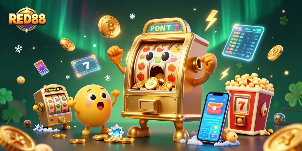Win big at RED88 with a cartoon jackpot scene filled with golden coins and colorful gaming elements.