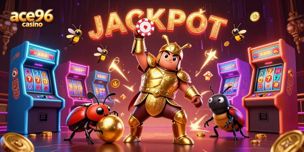 Celebrate big wins at ace96 casino with a victorious beetle and festive gaming elements!