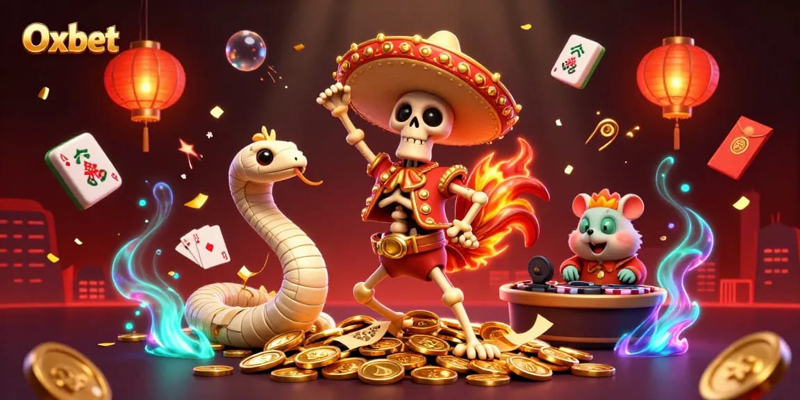 Celebrate with Oxbet's vibrant casino scene featuring a mariachi rooster, mummy snake, and DJ hamster.