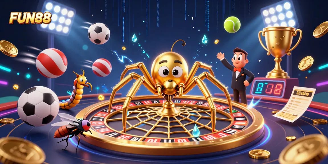 Bet at FUN88 with a unique 3D illustration featuring a golden spider croupier at a roulette.