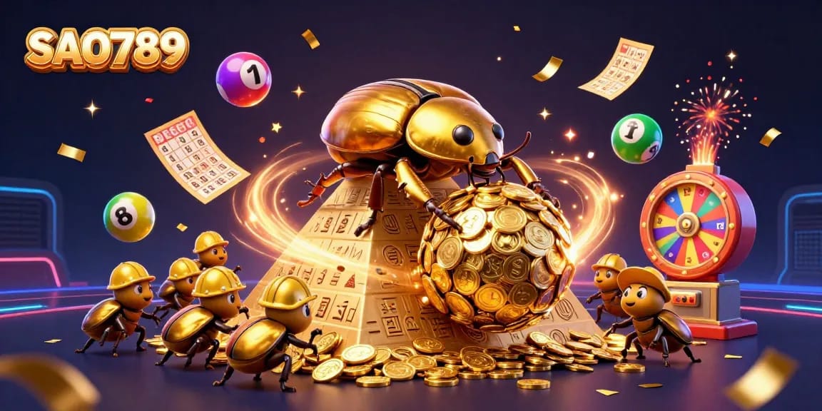 SAO789 illustrates a vibrant scene with a massive dung beetle rolling coins, symbolizing jackpot excitement.