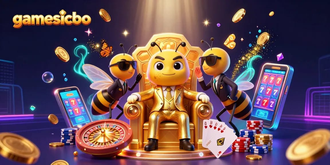 Experience the excitement of gamesicbo with a dazzling 3D scene of vibrant casino elements and characters.