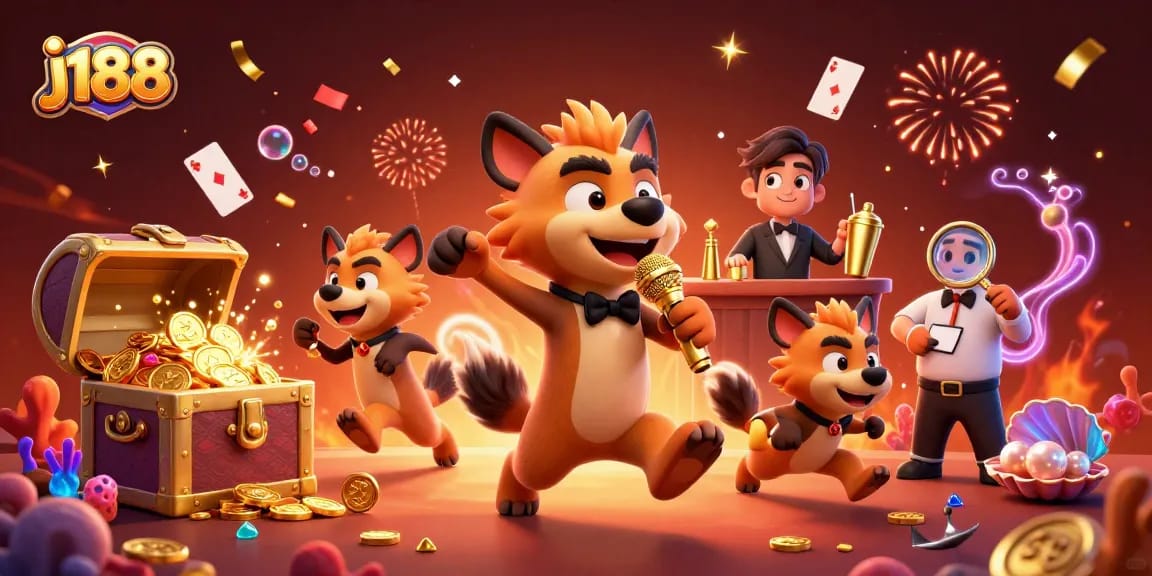 Experience vibrant gaming at j188 with animated hyenas showcasing comedy and casino elements.