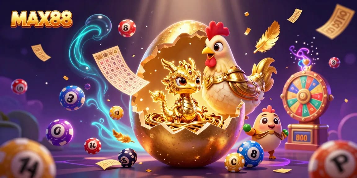 Experience thrilling gameplay at MAX88 with vibrant golden dragon, poker chips, and playful lottery elements.