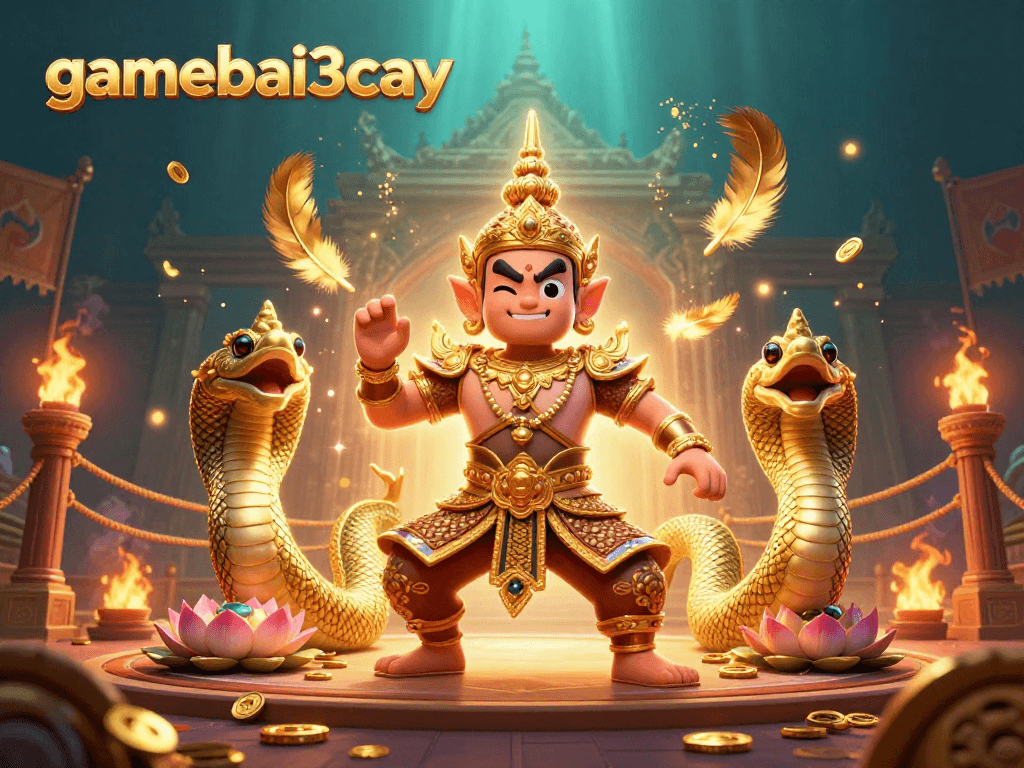 Gamebai3cay showcases an energetic 3D scene with Thai guardians, gambling elements, and vibrant effects.