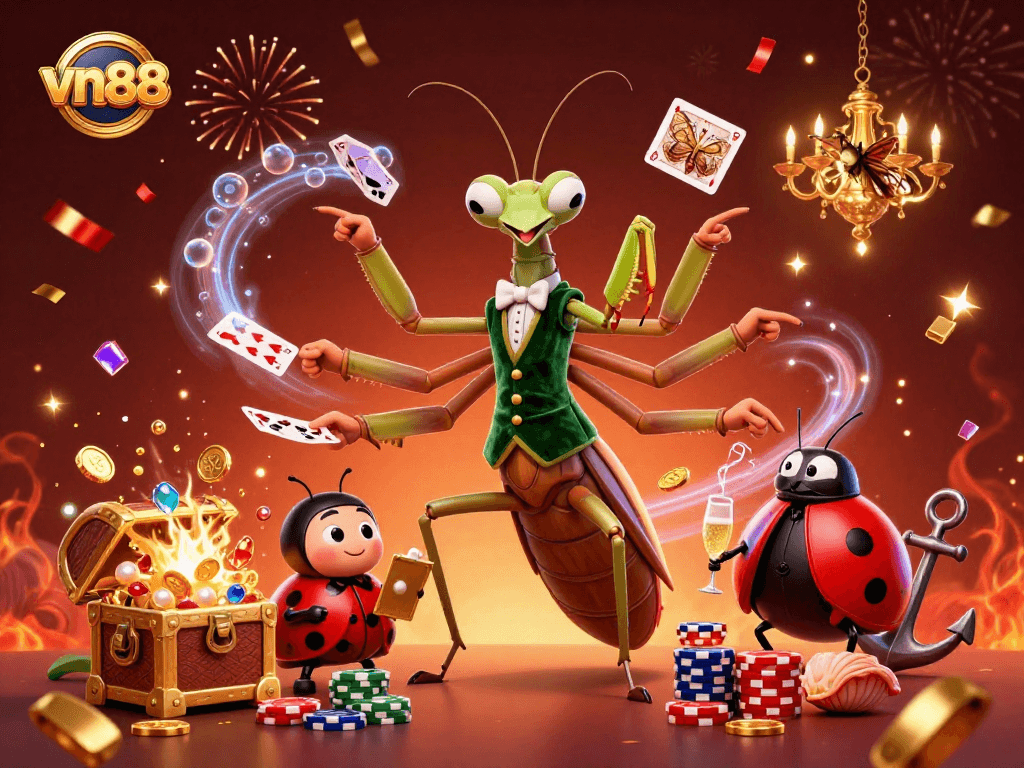 vn88 showcases a vibrant 3D illustration of a mantis card sharp, ladybug pit boss, and a moth in an exciting casino scene.