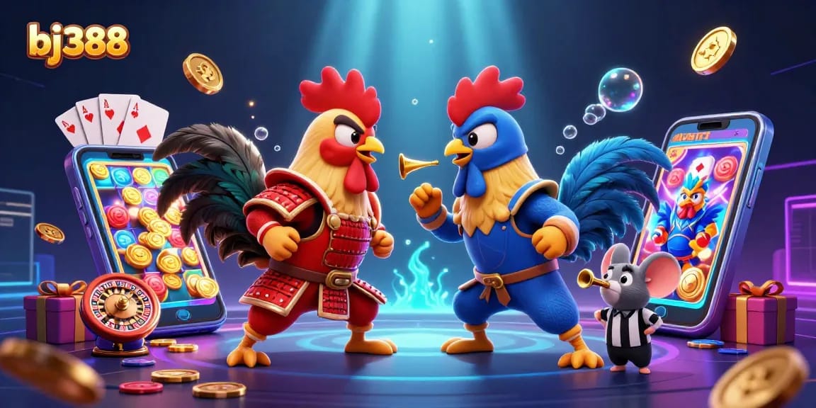 BJ388 engaging in an exciting cockfighting showdown, showcasing vibrant casino elements, for thrilling gameplay.