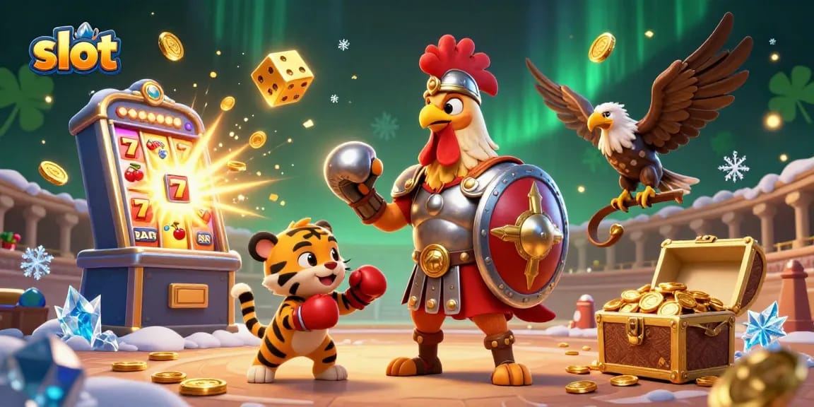 Engaging slot scene featuring a gladiator rooster with symbols bursting from a slot machine, showcasing casino excitement.