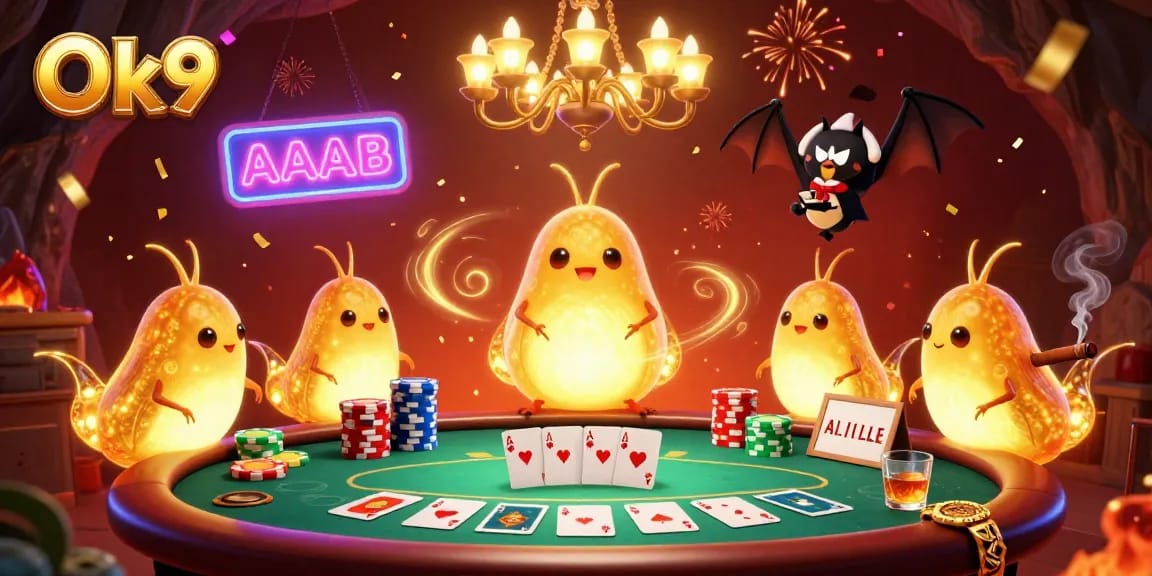 Engage in thrilling poker action at Ok9's lively cave casino with bioluminescent glowworms lighting the experience.