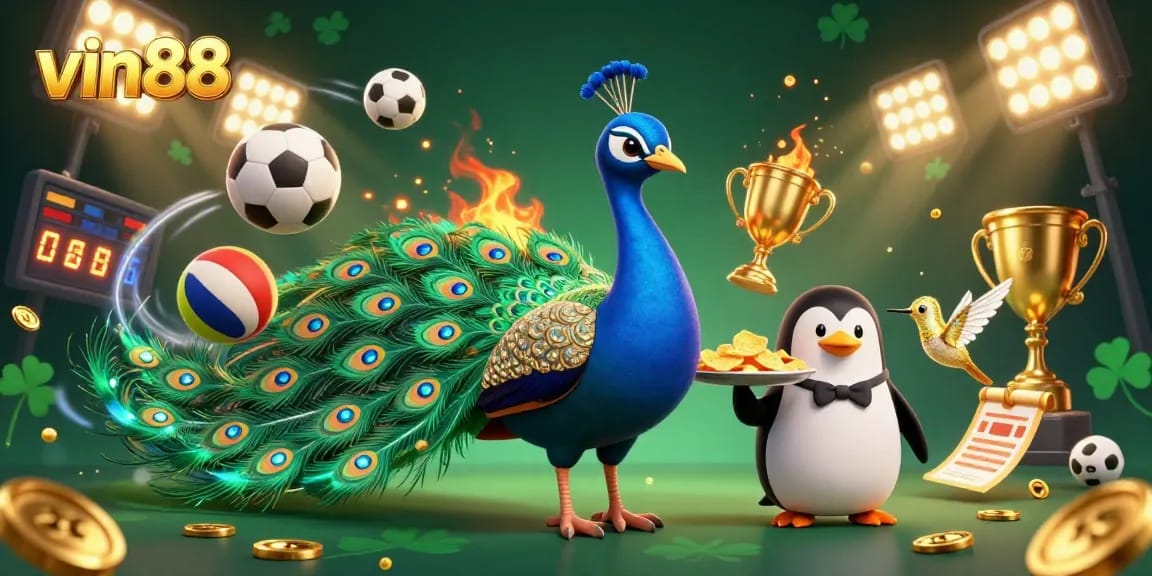 Experience vin88 with a vibrant 3D illustration showcasing a peacock and penguin amidst dynamic casino elements.