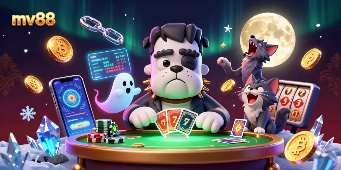 Experience thrilling gameplay with mv88 as a Frankenstein bulldog monster deals cards amidst spooky casino elements.