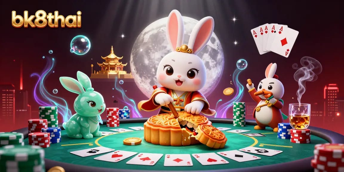 Engage with the mystical moon rabbit in a vibrant bk8thai poker scene filled with chips and treasures.