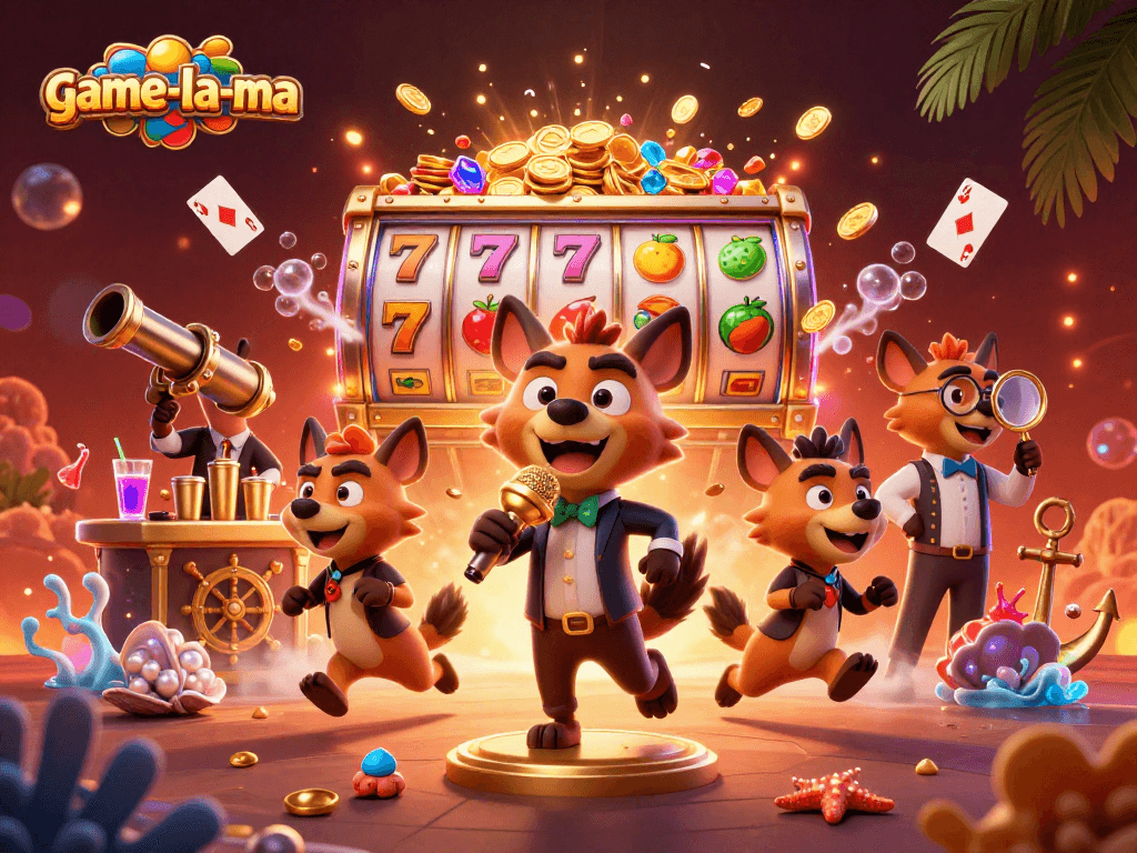 Experience thrills at game-la-ma with hyenas in a vibrant comedy casino scene.