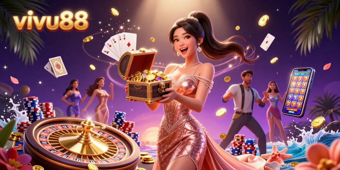 Experience thrilling gaming excitement at vivu88 with overflowing treasure and vibrant casino elements.