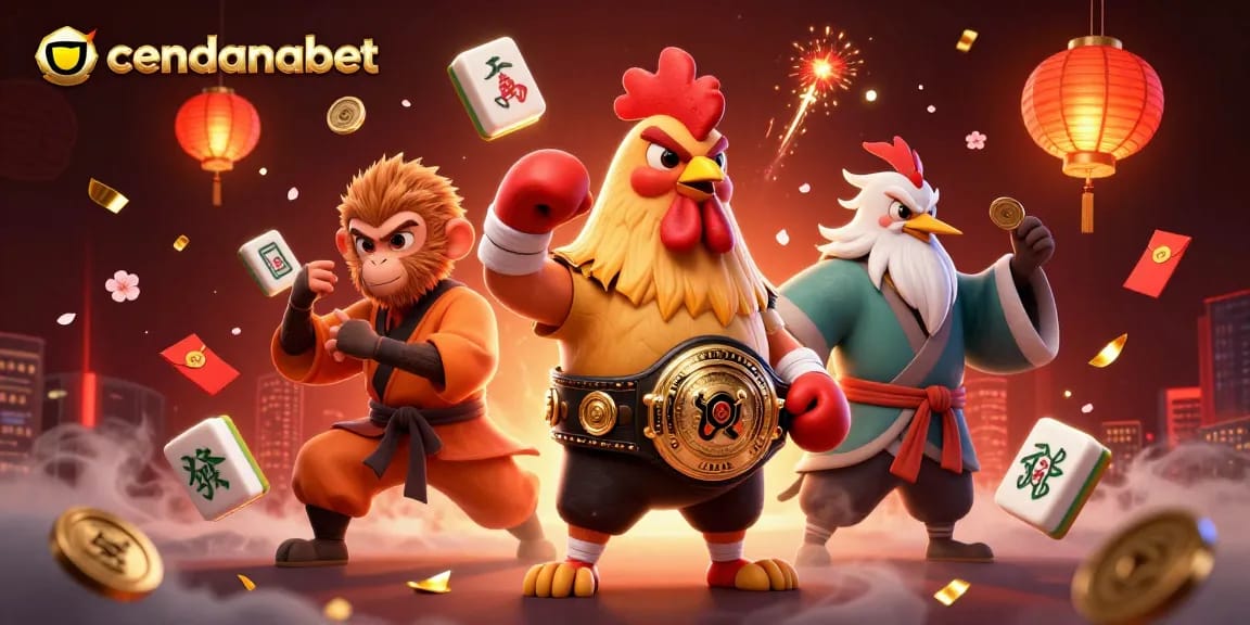 Cendanabet's vibrant illustration showcases a fierce Muay Thai rooster, a Shaolin monkey, and a wise crane in a dynamic gaming scene.