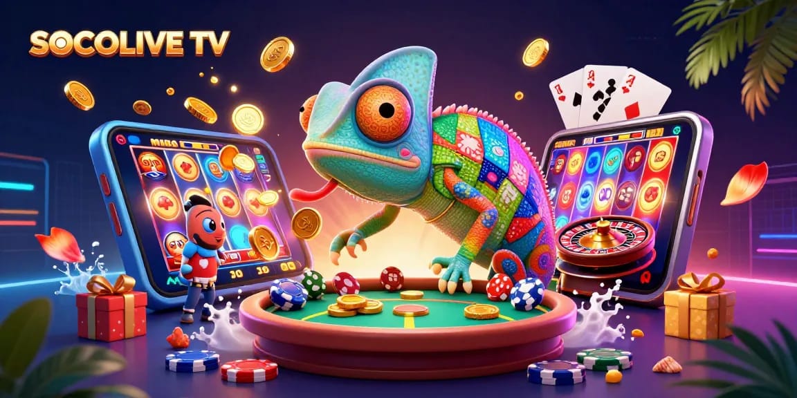SOCOLIVE TV features an animated casino scene with a colorful chameleon and dynamic gaming elements.