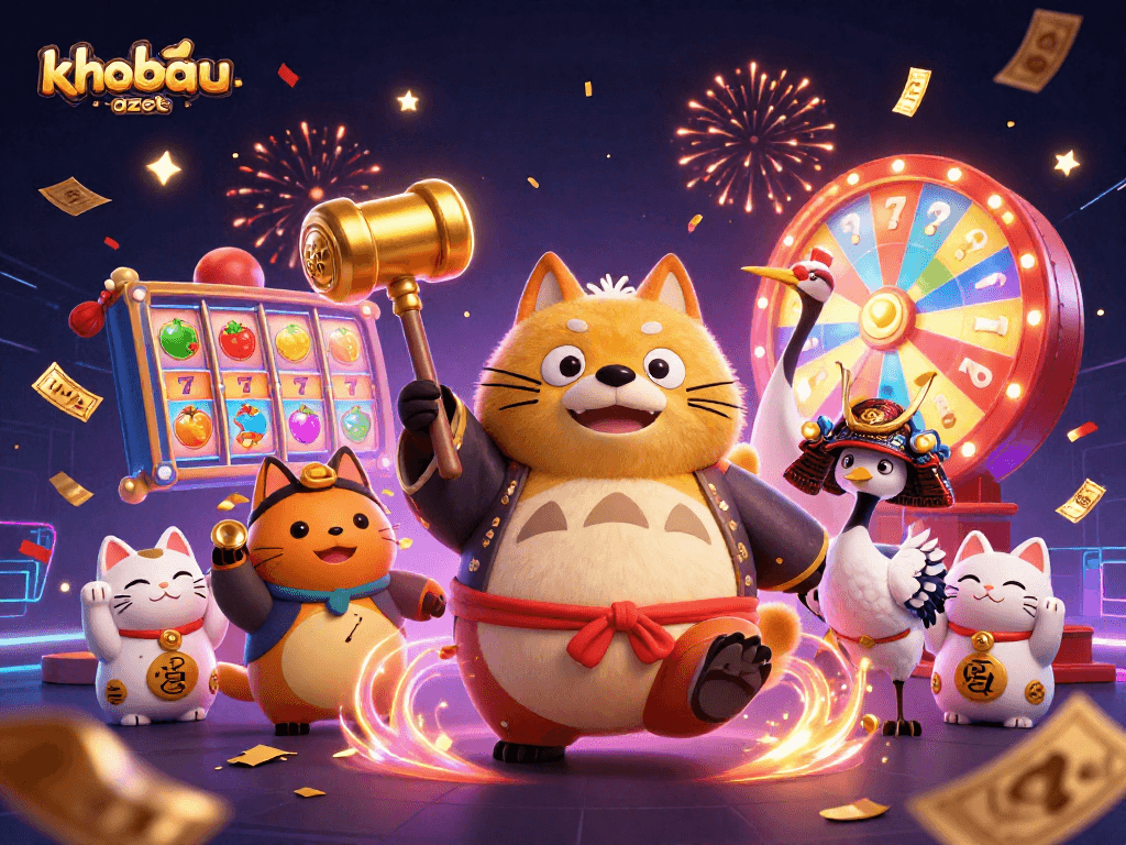 Experience the excitement of khobau-aztec with vibrant slot reels and cheerful characters celebrating fortune.