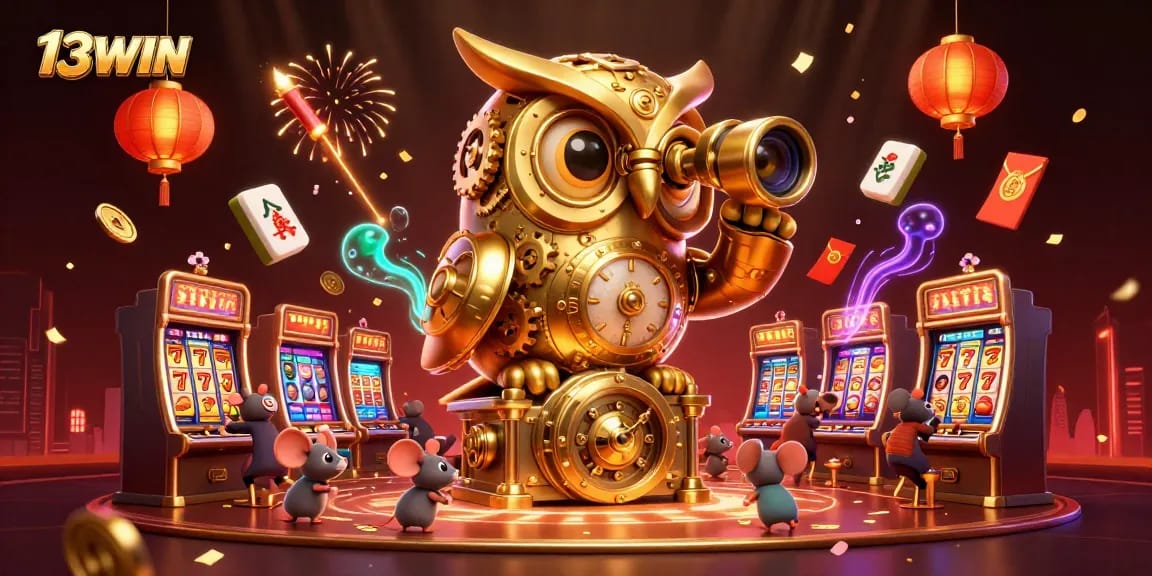 Experience the excitement of 13WIN with a lively casino scene featuring vibrant characters and dynamic gaming elements.