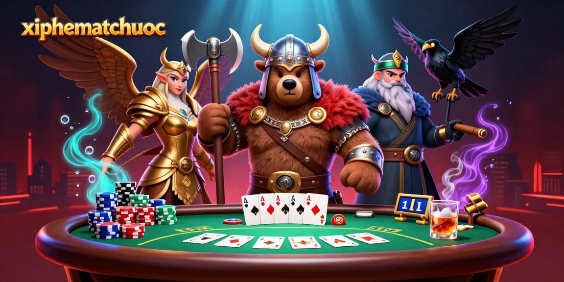 Engage in thrilling battles with xiphematchuoc featuring dynamic Viking characters at a vibrant poker table.