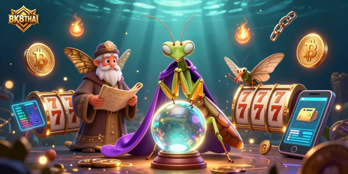 Engage with BK8THAI's vibrant casino experience through an enchanting illustration showcasing fortune tellers and slot games.