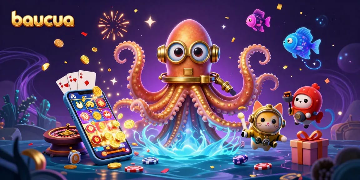 Engage in exciting baucua gameplay featuring a colorful slot game, kraken, and diving cat.