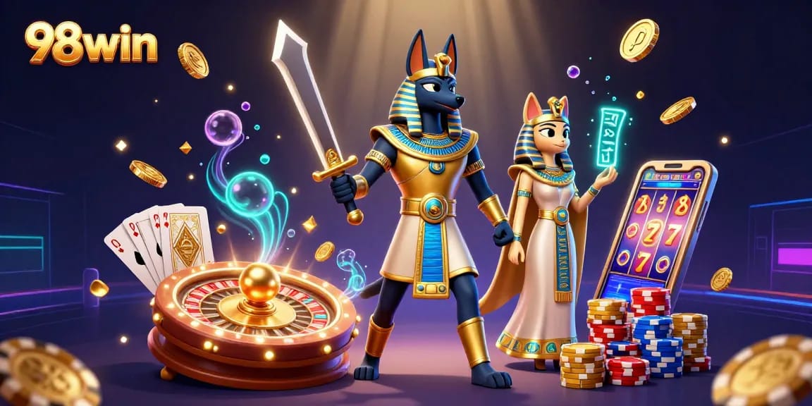 Experience the thrilling action at 98win with Anubis and Bastet surrounded by casino elements.