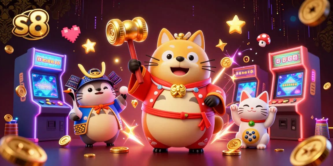 Experience thrilling gaming at S8 with cheerful tanuki and lucky cats in a vibrant casino scene.