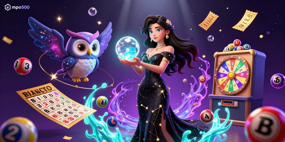 Engage with mpo500's vibrant lottery scene featuring dynamic elements, glowing crystal ball, and captivating design.