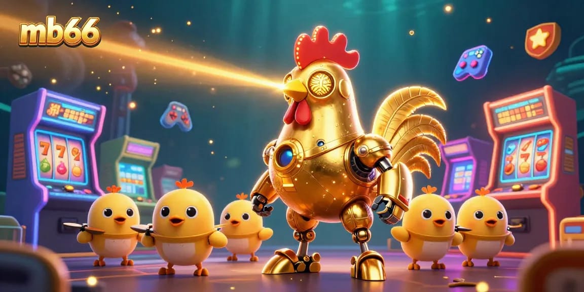 Engage in thrilling casino action with mb66 featuring a golden rooster robot and arcade game elements.