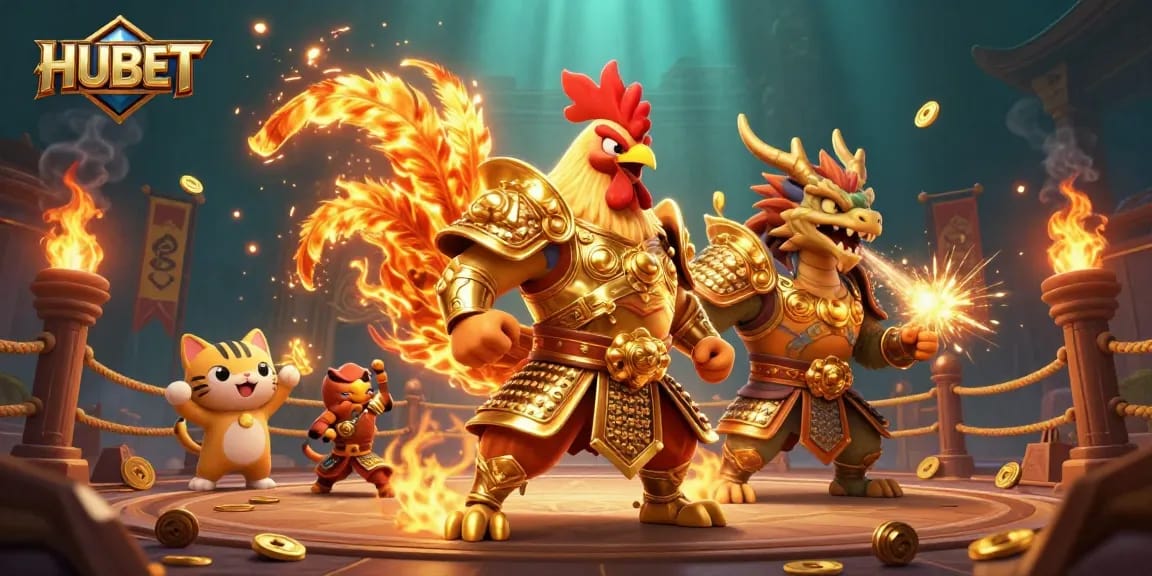 Experience exciting battles at HUBET with a valiant rooster warrior and a dragon, surrounded by casino elements.