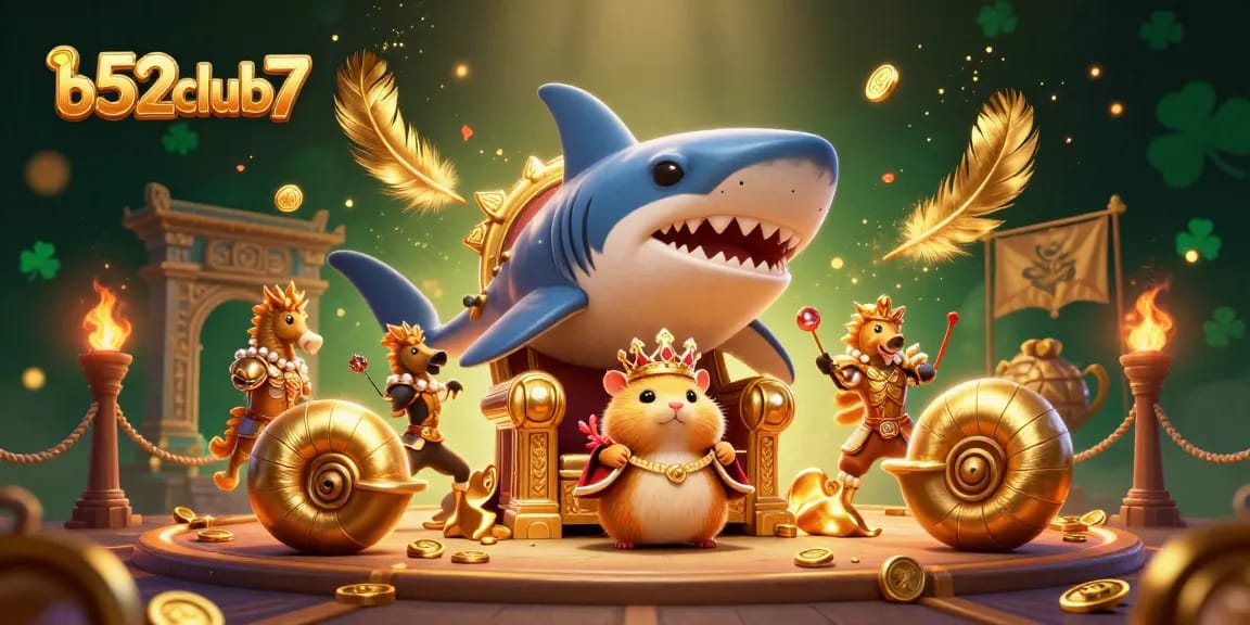 Win big with b52club7 featuring a fierce golden hamster king and royal seahorse guards in a vibrant casino scene.