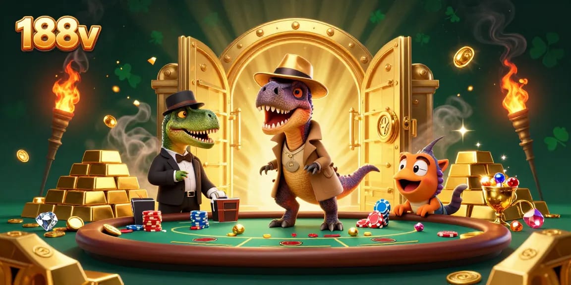 Experience the action at 188v with a velociraptor card counter at a blackjack table, surrounded by treasures.