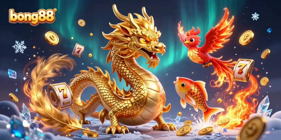 Experience exciting gameplay with bong88 featuring a golden dragon, phoenix, and koi amidst vibrant casino elements.