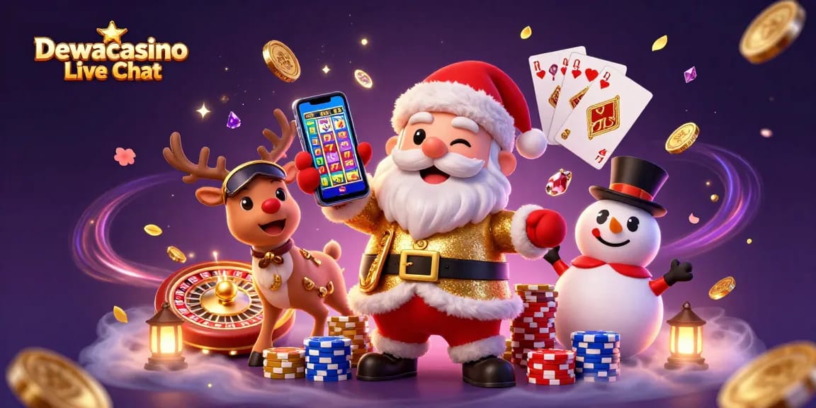 Dewacasino Live Chat with a festive scene featuring cartoon Santa celebrating wins at a live casino.