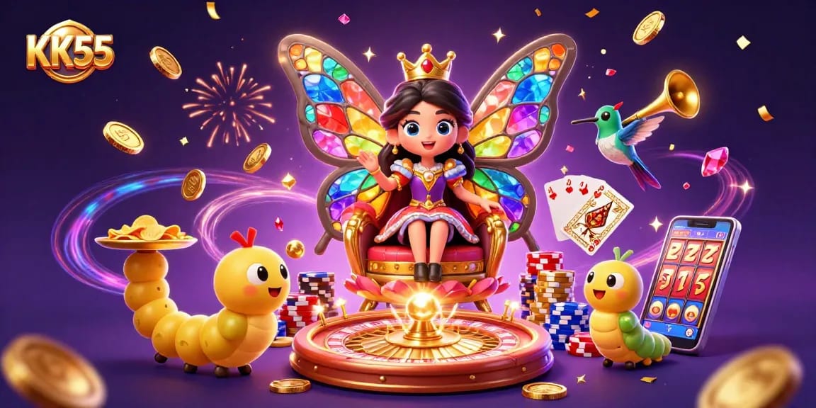 Experience thrilling games at KK55 with a dynamic scene of a royal butterfly queen and colorful casino elements.