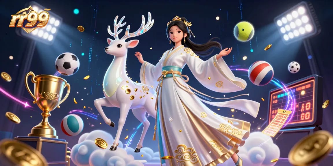 Win big with rr99 in a vibrant Asian-themed casino atmosphere, showcasing dynamic sports and betting elements.