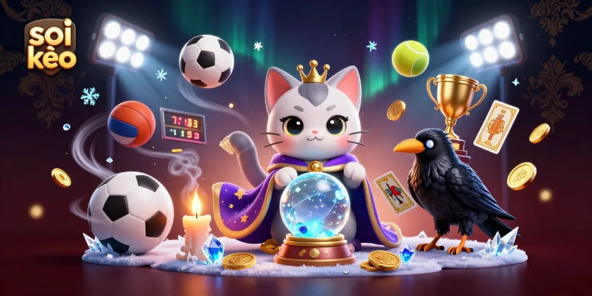 Engage in exciting soi kèo strategies with a captivating illustration of a fortune teller cat and sports elements.