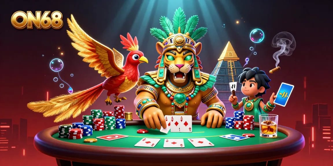 Engage in the exciting world of ON68 with a Mayan jaguar priest and a quetzal bird in a vibrant casino scene.
