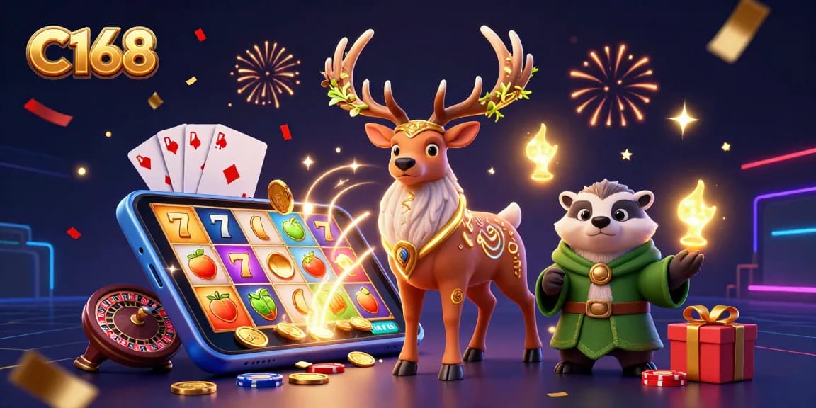 C168 casino illustration featuring a druid stag, badger, and slot game elements in a vibrant scene.