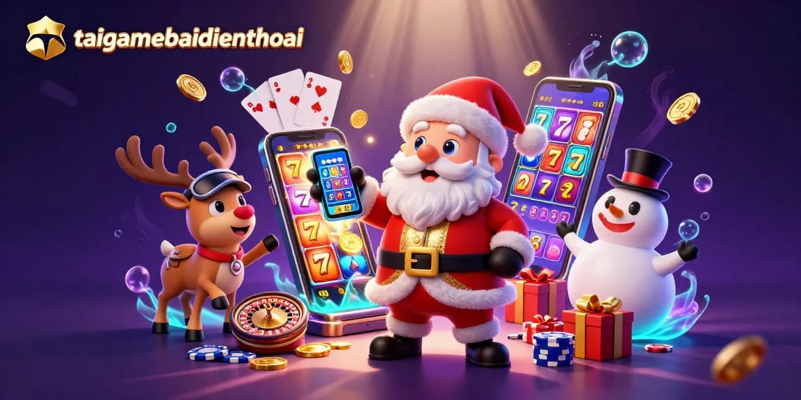 Celebrate wins with taigamebaidienthoai, featuring Santa and a vibrant casino scene.