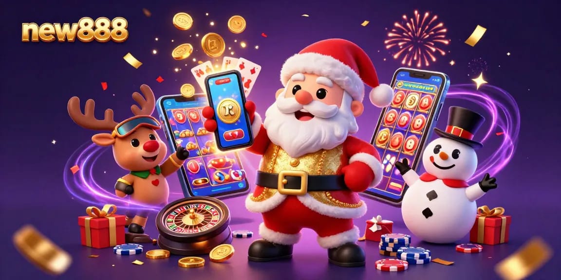 Engage in thrilling gameplay with new888, featuring a festive 3D Santa and a jackpot smartphone backdrop.