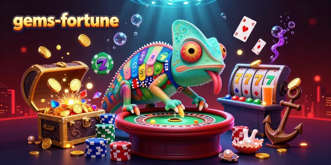 Engage with gems-fortune in an exciting online casino scene featuring a colorful chameleon owner.