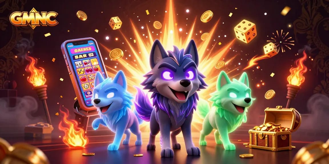 Win big with GMNC in this dazzling casino scene featuring ghostly wolf companions and jackpot elements