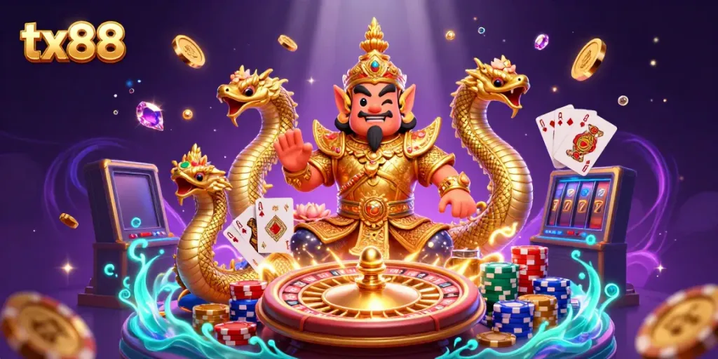 Experience the excitement of tx88 with an enchanting 3D casino scene featuring a playful yaksha guardian and dynamic game elements.