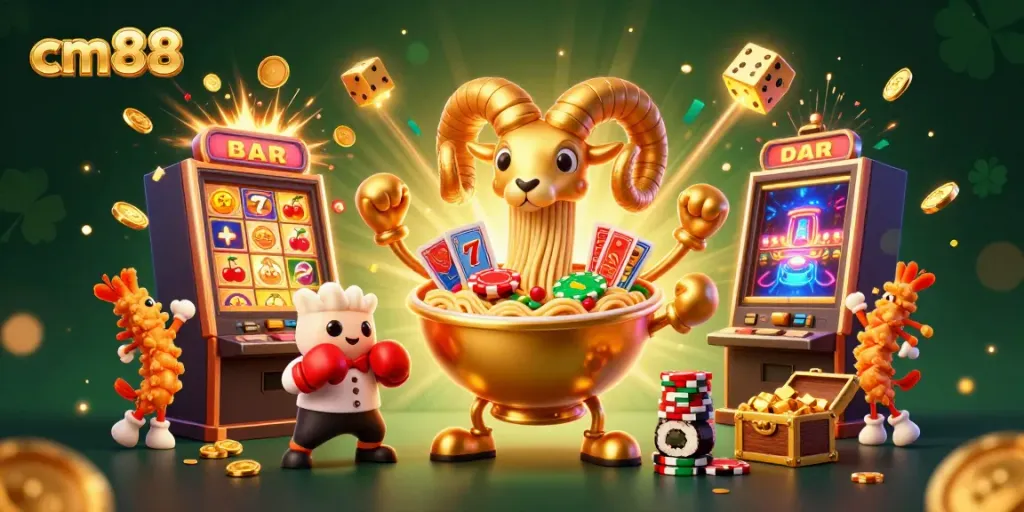 Experience excitement at cm88 with a playful ramen bowl dealing cards amidst a colorful casino scene.
