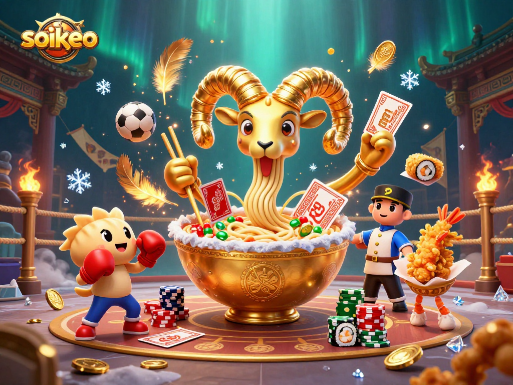 Bet on soikeo with vibrant characters like a golden ramen bowl, gyoza, and sushi roll under dramatic sports betting elements.