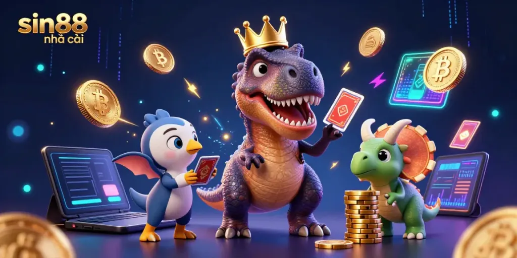 Experience the thrill of sin88 nhà cái with exciting casino elements featuring cartoon dinosaurs in action.