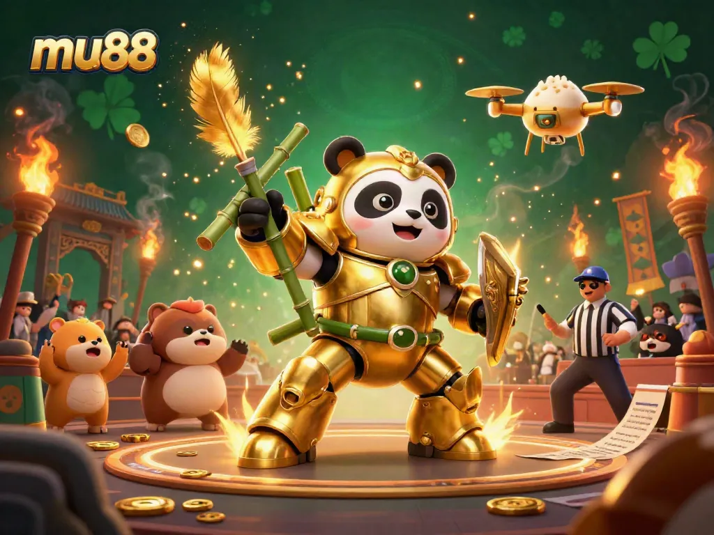 Engage with mu88's vibrant sports betting arena featuring a golden panda robot in action.
