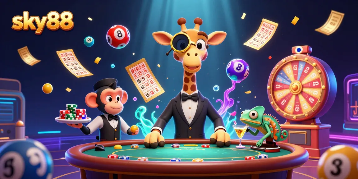 Experience sky88 with a high-roller giraffe at a lively poker table amidst vibrant casino elements.