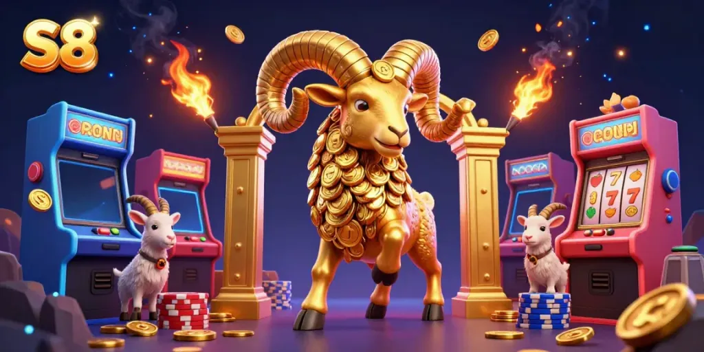 S8 themed illustration with a golden ram charging through a casino filled with glowing game elements.